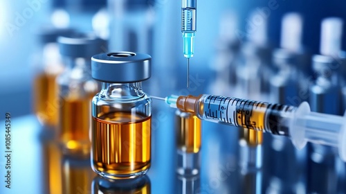 Medical researchers combine vaccines in a vial. Scientists are conducting research in a laboratory to develop a vaccine to combat the Coronavirus, COVID-19, SARS-CoV-2, and 2019-ncov