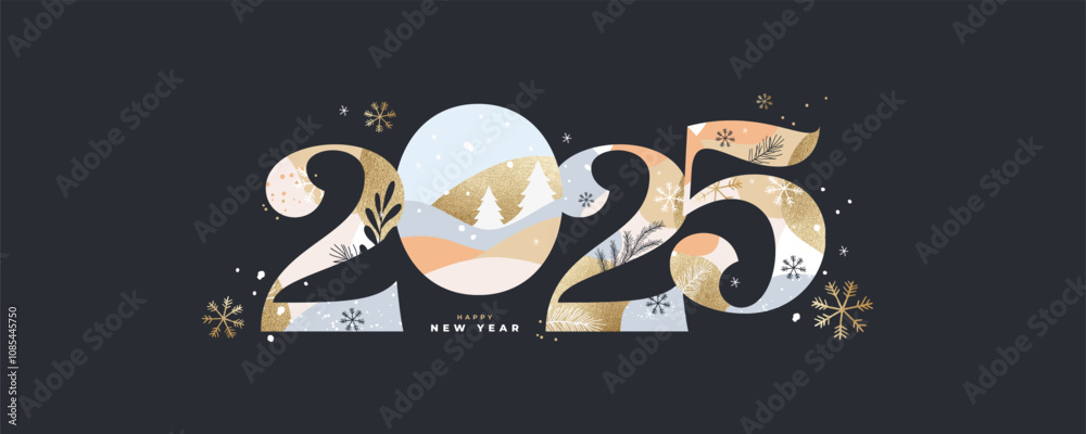 Naklejka premium New Year's Eve 2025 card, poster, web banner or header, holiday cover. Xmas New Year design template in trendy art style with gorgeous number 2025 design isolated on black for ads and season greetings