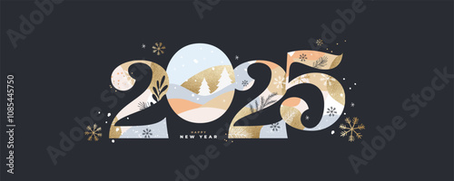 New Year's Eve 2025 card, poster, web banner or header, holiday cover. Xmas New Year design template in trendy art style with gorgeous number 2025 design isolated on black for ads and season greetings
