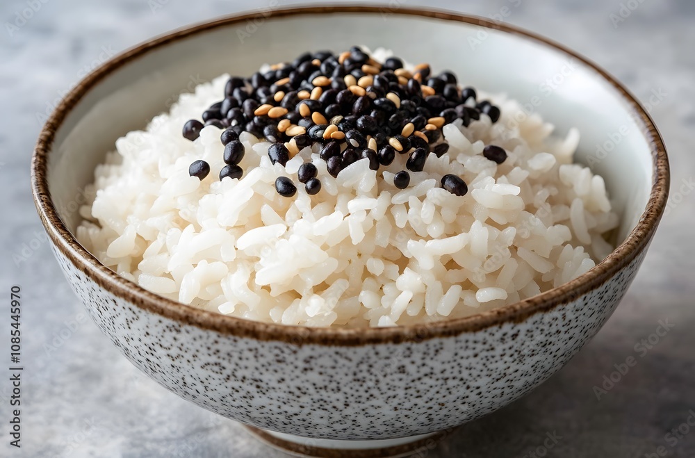 White Rice Bowl Topped With Black And Sesame Seeds White Rice Bowl Topped With Black And Sesame Seeds
