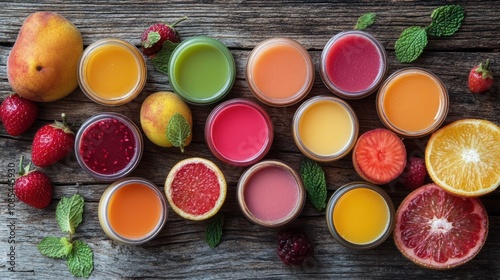 Colorful fruit juices in small cups with fresh fruits.