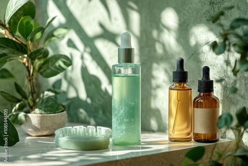 Skincare products arranged on a natural surface.