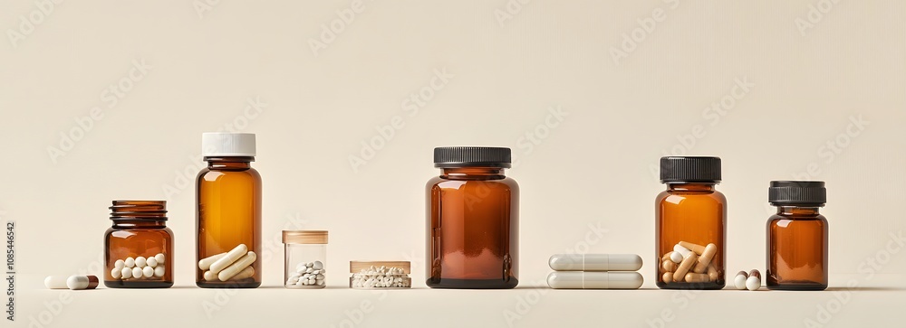 Amber Bottles Containing Various Pills And Capsules Amber Bottles Containing Various Pills And Capsules