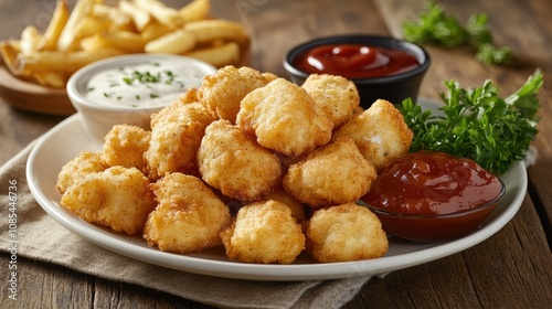 Plate of chicken nuggets and French fries with dipping sauces, set on a rustic table and garnished with fresh parsley