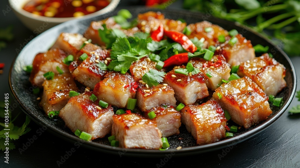 Plate of crispy pork belly served with a tangy dipping sauce, chili peppers, and a garnish of green onions and cilantro for color Plate of crispy pork belly served with a tangy dipping sauce, chili peppers, and a garnish of green onions and cilantro for color
