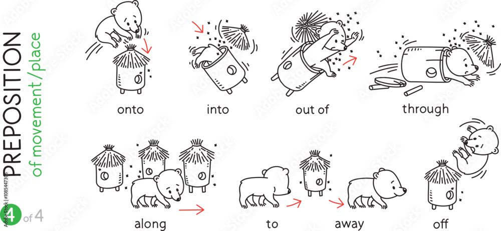 Preposition of movement. Funny bears cartoon set Preposition of movement. Funny bears cartoon set