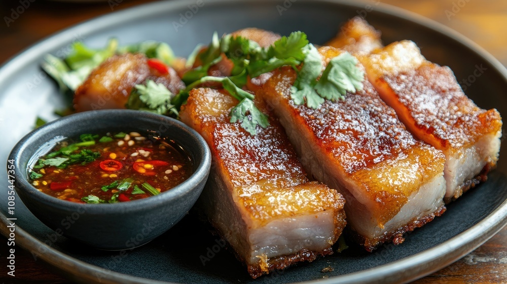 Plate of crispy pork belly with a golden crust, served with a small bowl of tangy dipping sauce, garnished with herbs and chilies Plate of crispy pork belly with a golden crust, served with a small bowl of tangy dipping sauce, garnished with herbs and chilies