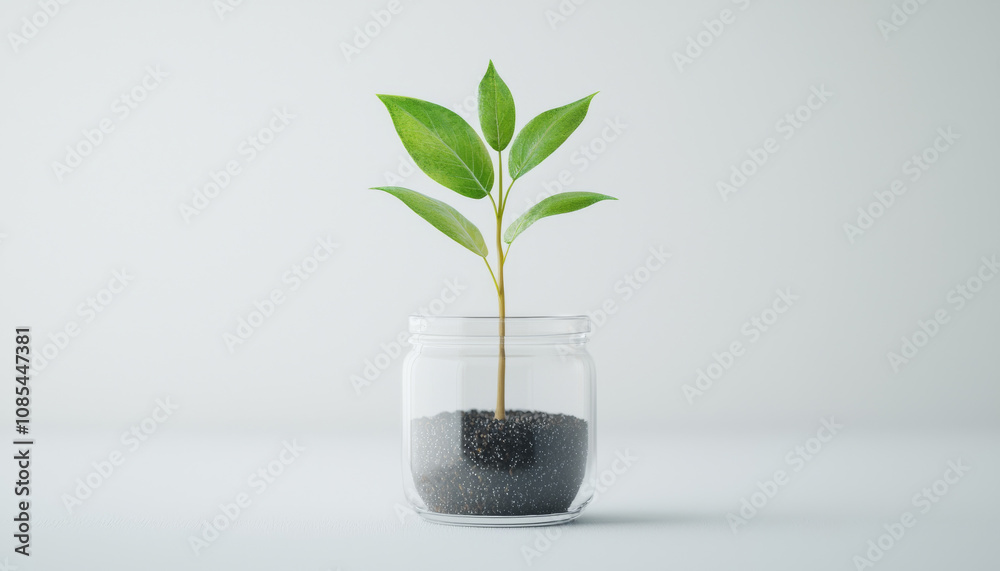 small green plant with vibrant leaves growing in clear glass jar filled with black soil, symbolizing growth and nature beauty small green plant with vibrant leaves growing in clear glass jar filled with black soil, symbolizing growth and nature beauty