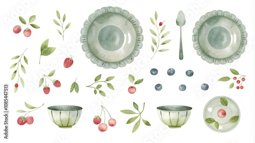 Watercolor hand drawn illustration set of green plates, bowls, spoons and berries.