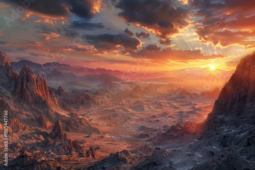 A Majestic Sunset Over a Mountainous Alien Landscape