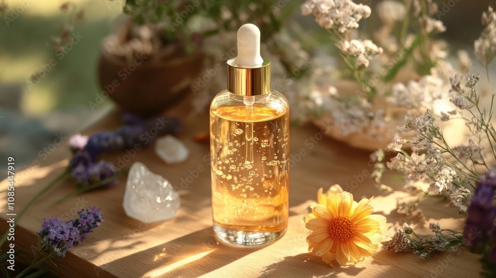 Elegant glass bottle of oil surrounded by flowers. Elegant glass bottle of oil surrounded by flowers.