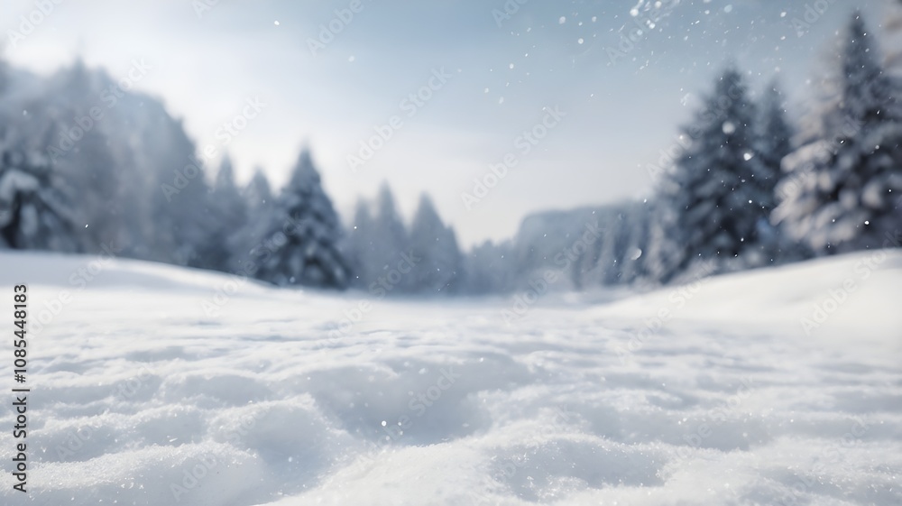 beautiful winter day in a serene snowy landscape background. fresh, untouched snow covers the ground, in the background, snow-covered pine trees create a blurred backdrop beautiful winter day in a serene snowy landscape background. fresh, untouched snow covers the ground, in the background, snow-covered pine trees create a blurred backdrop