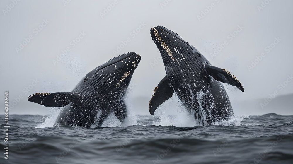 Fototapeta premium Two Humpback Whales Breaching Ocean Surface Together