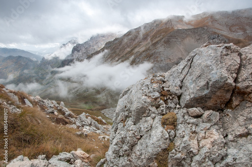 Landscape view of Fisht massif in autumn with huge boulders in the foreground, Russian Federation, Adygea photo