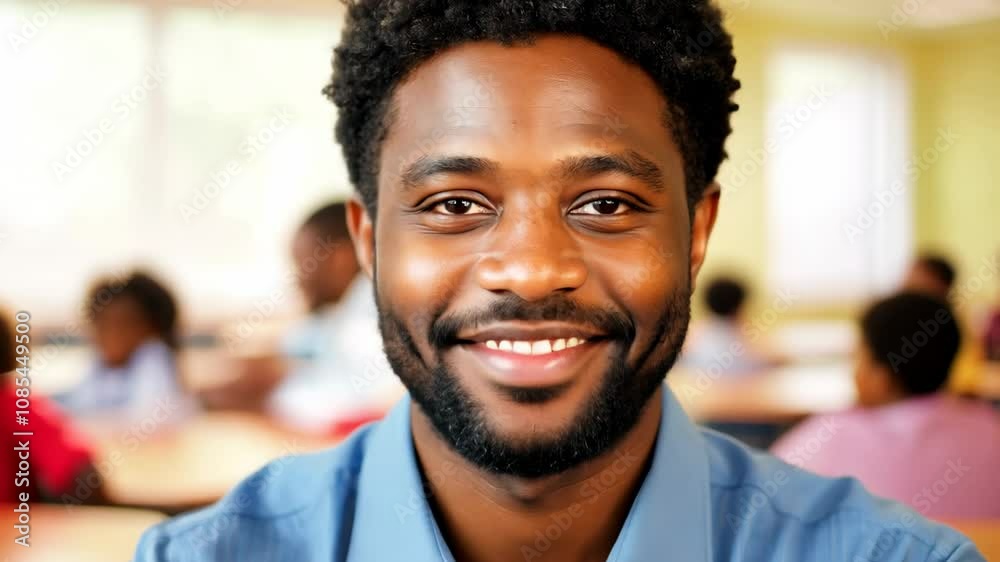 Portrait of smiling male African American teacher in a class at school looking at camera. Join our enthusiastic teacher in the classroom, where every lesson is filled with laughter and learning. Portrait of smiling male African American teacher in a class at school looking at camera. Join our enthusiastic teacher in the classroom, where every lesson is filled with laughter and learning.