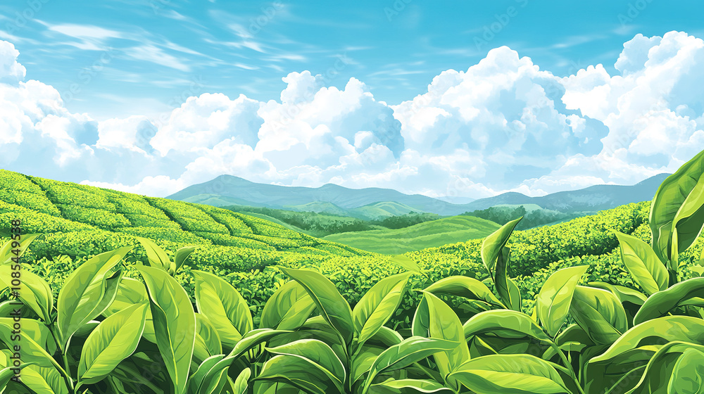 Summer Tea Plantation, Tea Tree, Low View Landscape Illustration Summer Tea Plantation, Tea Tree, Low View Landscape Illustration