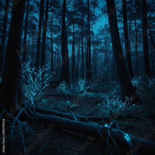 A twilight scene with glowing bioluminescent trees in a surreal forest.

