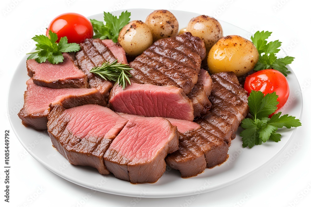Fresh Beef Churrasco: Grilled Perfection on a Plate Isolated on White Fresh Beef Churrasco: Grilled Perfection on a Plate Isolated on White