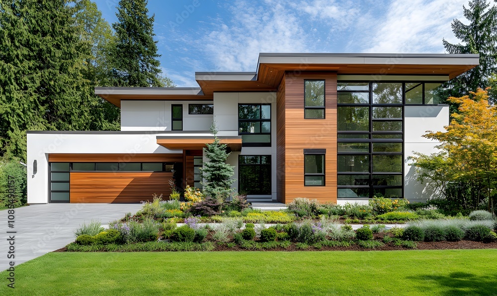 Modern House Design Wood Accents Landscaped Yard Modern House Design Wood Accents Landscaped Yard