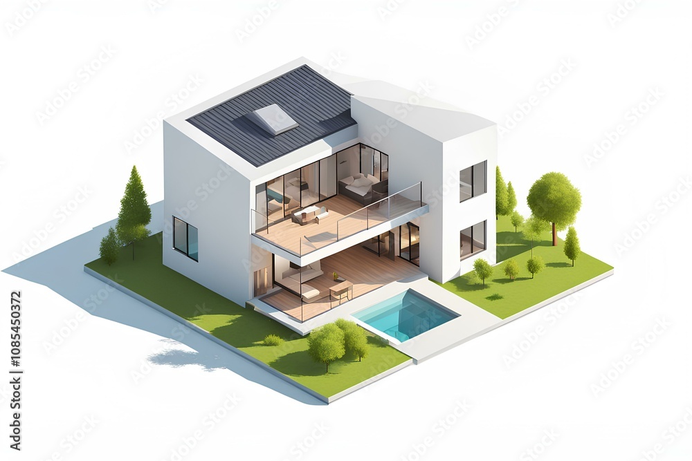 Eco-Friendly Living: Isometric View of a Modern House on White Background Eco-Friendly Living: Isometric View of a Modern House on White Background