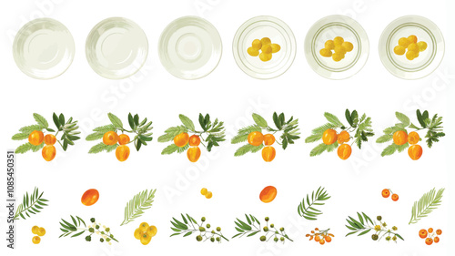 Set of glass plates with rowan berries and green leaves. Vector illustration.