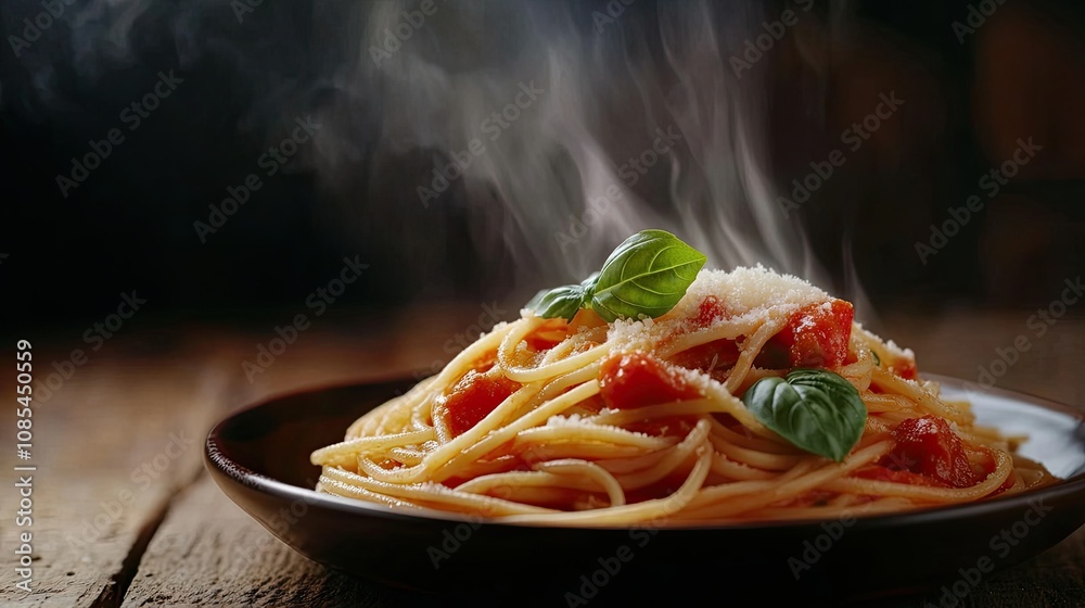 Fototapeta premium Steaming spaghetti with vibrant tomato sauce, garnished with basil and parmesan, on a rustic plate against a dark backdrop