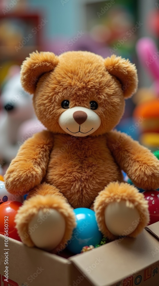 Teddy Bear Amidst a Colorful Toy Collection Teddy Bear Amidst a Colorful Toy Collection