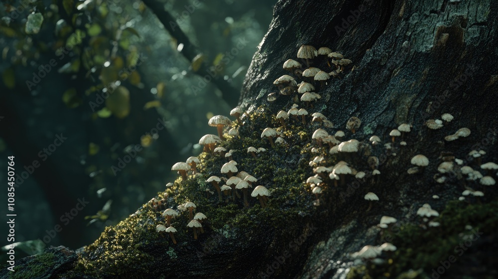 Tiny mushrooms growing in layers on a tree trunk, with moss and textured bark, in a peaceful forest setting with soft lighting Tiny mushrooms growing in layers on a tree trunk, with moss and textured bark, in a peaceful forest setting with soft lighting