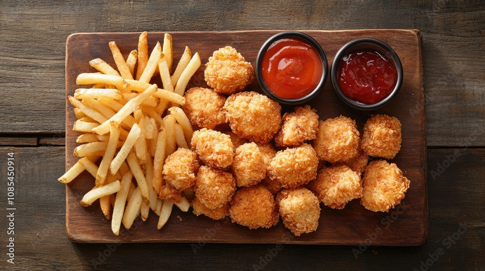 Naklejka premium Top view of breaded chicken nuggets and French fries with dipping sauces, arranged on a rustic wooden platter