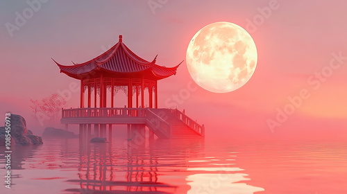 Chinese style Mid-Autumn Festival, huge full moon, waterside pavilion landscape