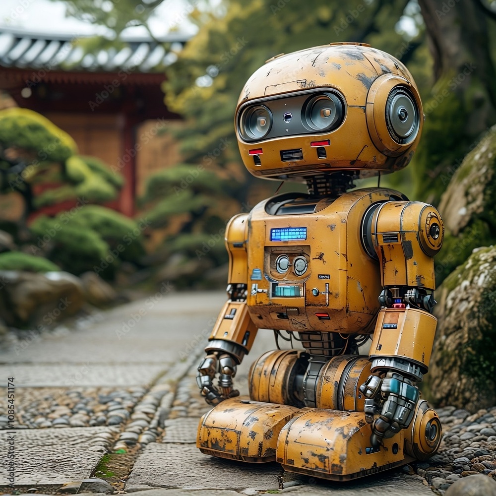 Fototapeta premium Un robot vintage in un giardino zen giapponese A vintage robot in a Japanese zen garden