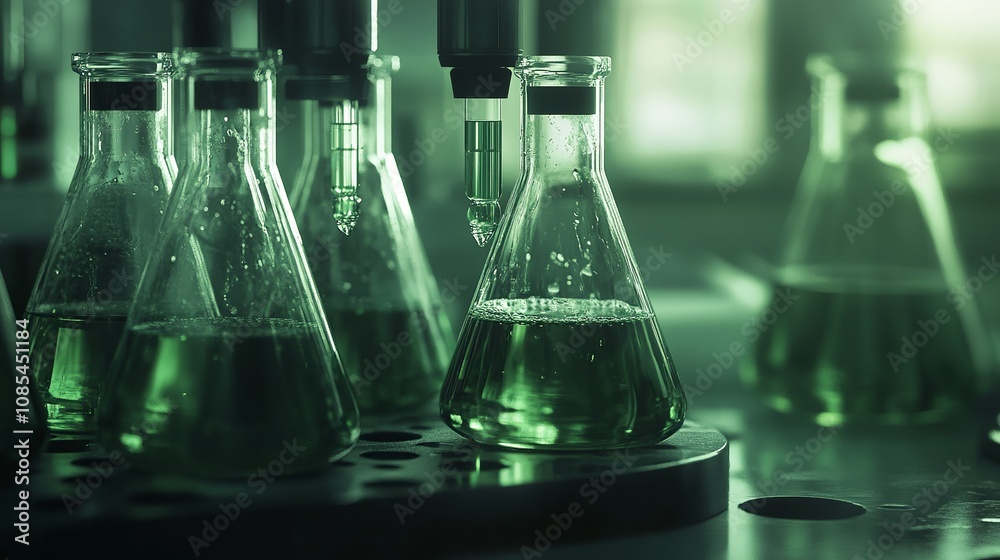 Scientific laboratory experiment equipment featuring sample dripping pipettes into Erlenmeyer bottles containing a green chemical solution, with a blurred background. Scientific laboratory experiment equipment featuring sample dripping pipettes into Erlenmeyer bottles containing a green chemical solution, with a blurred background.