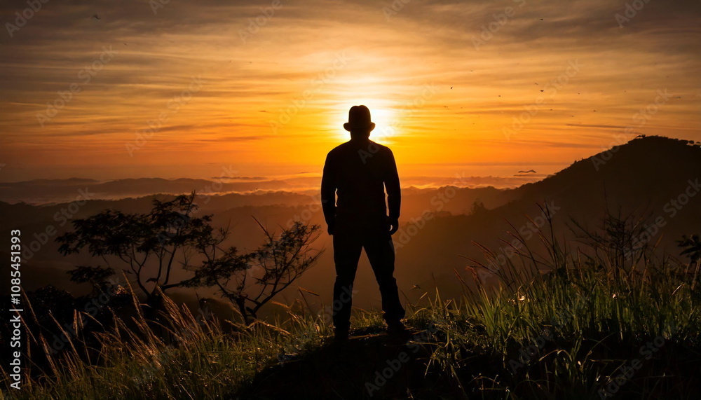 silhouette man standing on the hill with sunset view silhouette man standing on the hill with sunset view