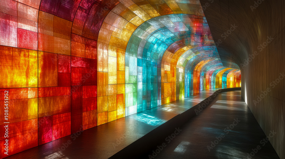 Visitors walk through a vibrant glass tunnel filled with colorful light reflections creating a stunning atmosphere in a contemporary art space Visitors walk through a vibrant glass tunnel filled with colorful light reflections creating a stunning atmosphere in a contemporary art space