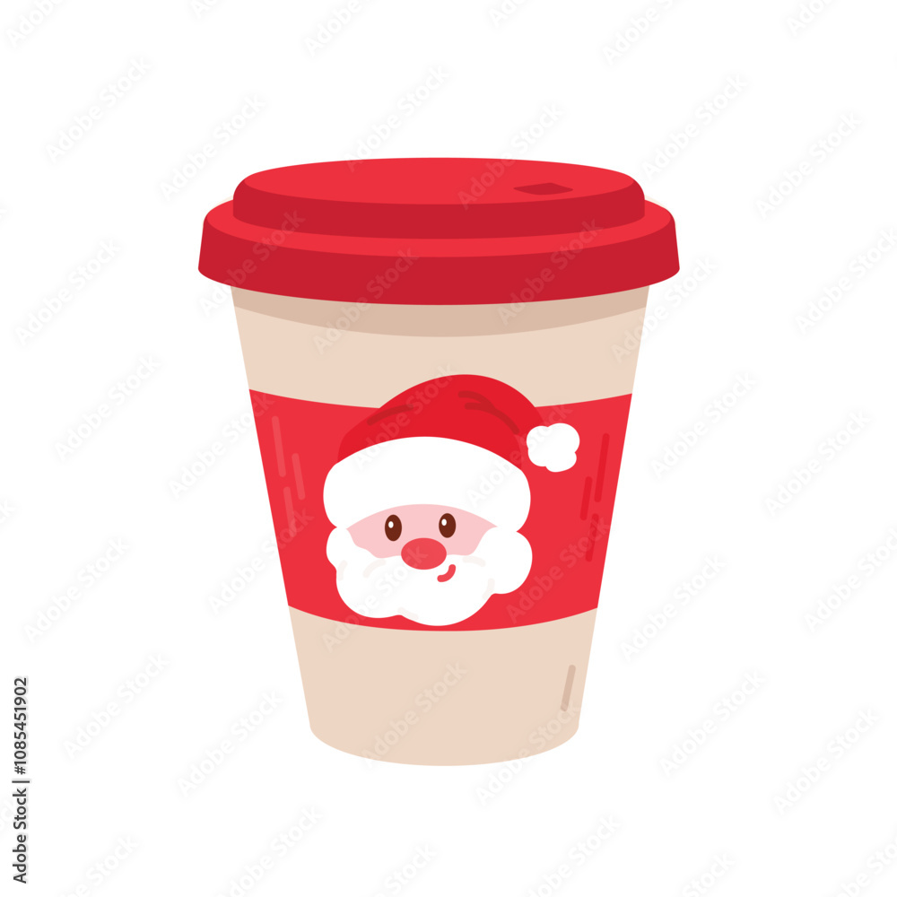 Festive takeout-style cup with Santa's cheerful face and red lid for seasonal drinks Festive takeout-style cup with Santa's cheerful face and red lid for seasonal drinks
