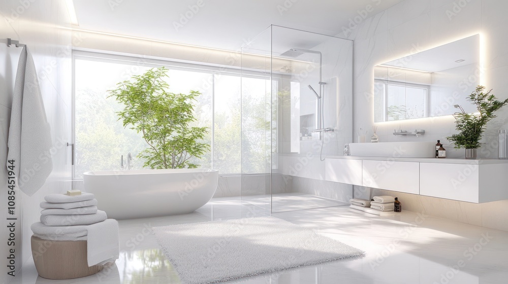 Minimalist, all-white bathroom, frameless shower, sleek vanity, LED strip lighting, and hidden Minimalist, all-white bathroom, frameless shower, sleek vanity, LED strip lighting, and hidden