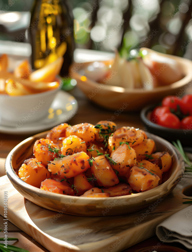 Traditional Patatas Bravas served with herbs in a rustic setting Traditional Patatas Bravas served with herbs in a rustic setting
