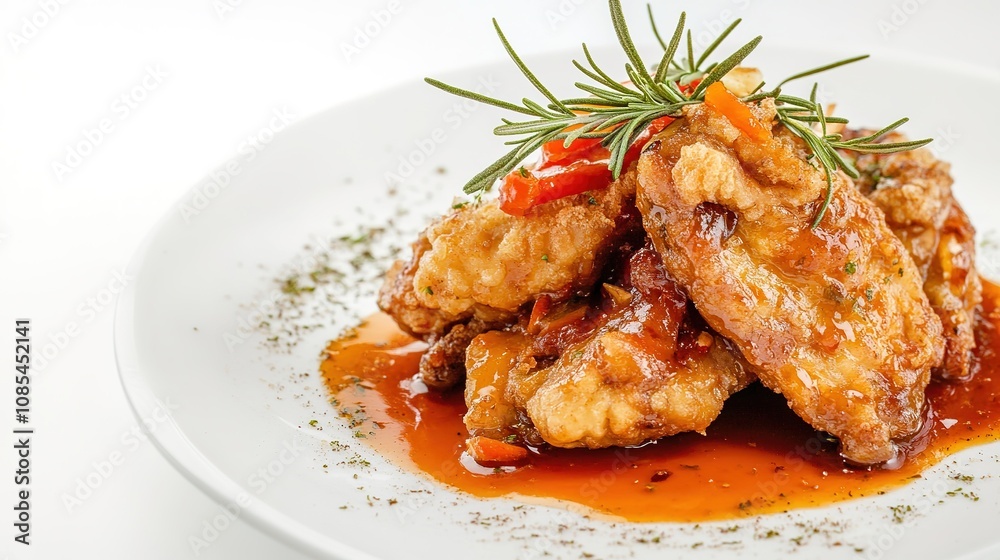 Crispy Fried Food Topped with Fresh Rosemary and Drizzled with Savory Sauce on a White Background, Perfect for Culinary and Gourmet Presentations Crispy Fried Food Topped with Fresh Rosemary and Drizzled with Savory Sauce on a White Background, Perfect for Culinary and Gourmet Presentations
