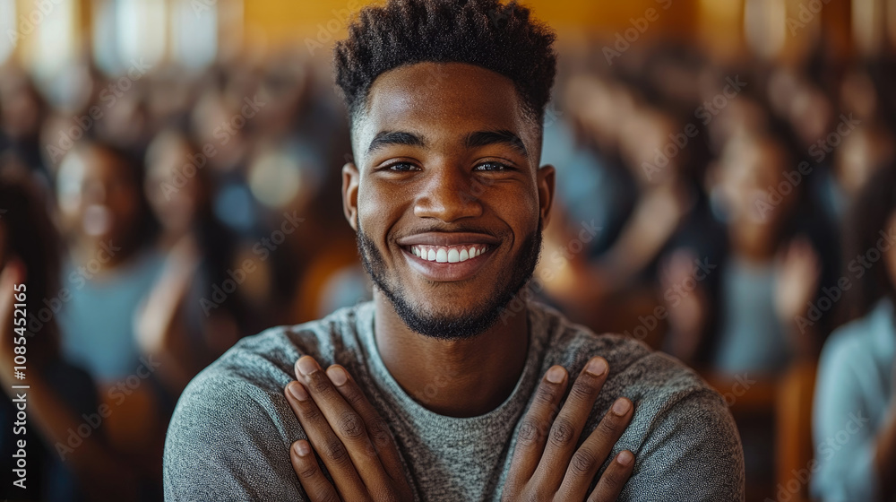 A young man beams with happiness in a crowded auditorium, surrounded by an enthusiastic audience attending an interactive event in the afternoon A young man beams with happiness in a crowded auditorium, surrounded by an enthusiastic audience attending an interactive event in the afternoon