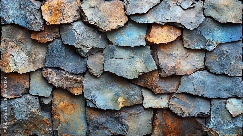 A seamless texture of an old weathered stone wall with uneven stones in shades of grey, blue, and brown. A seamless texture of an old weathered stone wall with uneven stones in shades of grey, blue, and brown.