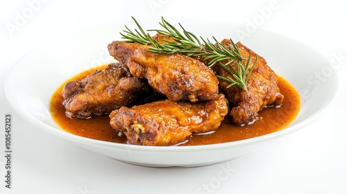 Crispy Fried Food Topped with Fresh Rosemary and Drizzled with Savory Sauce on a White Background, Perfect for Culinary and Gourmet Presentations