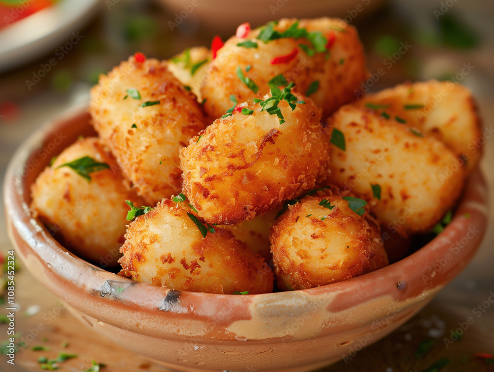 Crispy Golden Croquetas on Rustic Beige Background, Traditional Spanish Tapas Crispy Golden Croquetas on Rustic Beige Background, Traditional Spanish Tapas