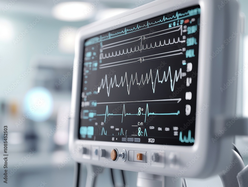 Detailed view of a medical heart monitor screen showing vital signs and heart rate in a hospital environment with blurred background. Detailed view of a medical heart monitor screen showing vital signs and heart rate in a hospital environment with blurred background.
