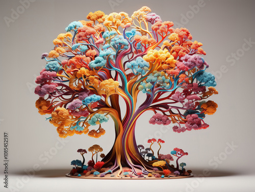 Generous View of 3d tree with pink leaves and mountains background