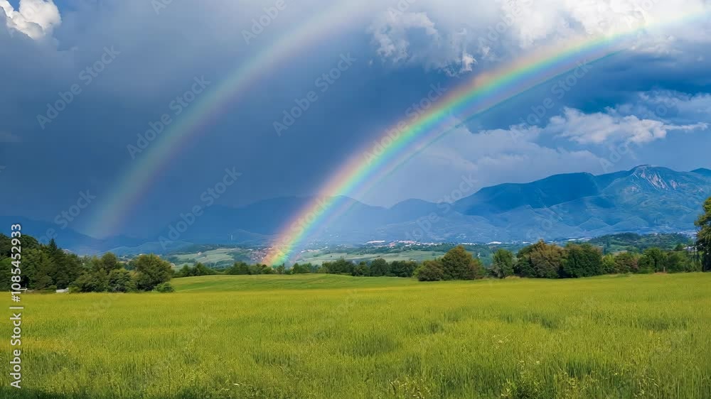 Double Rainbow Over Green Field, Village, and Mountains - Hope, Peace, and New Beginnings Double Rainbow Over Green Field, Village, and Mountains - Hope, Peace, and New Beginnings