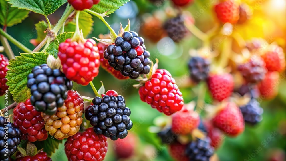 Tilt-Shift BlackBerry Sprig Close-Up, Black & Red Berries, Bokeh Background Tilt-Shift BlackBerry Sprig Close-Up, Black & Red Berries, Bokeh Background