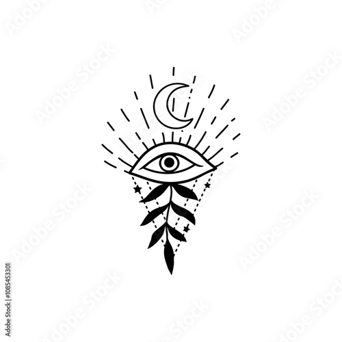 Eye boho. Lineart Vector illustration. Flower moon , Magic celestial witchcraft symbol. Masonic symbol. Hand drawn logo or emblem