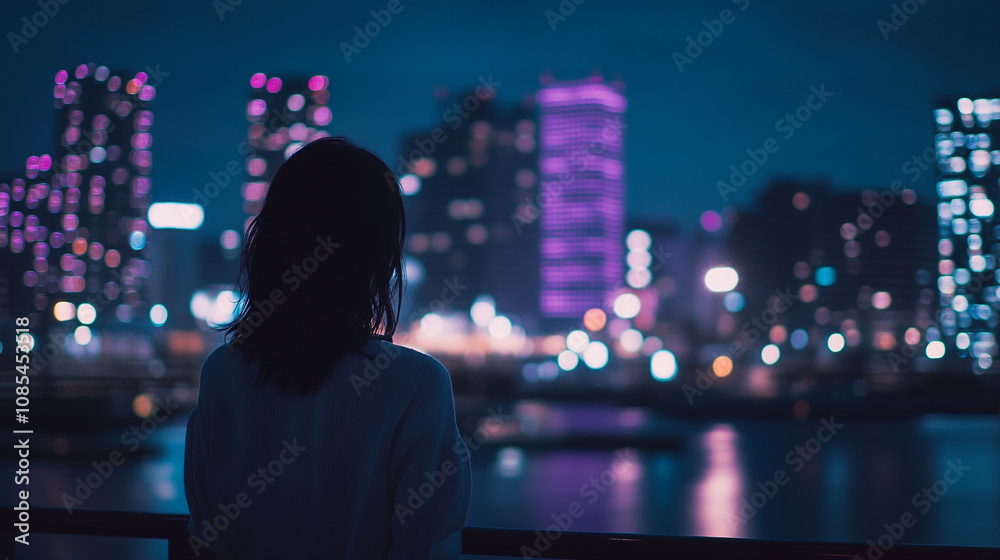 Obraz premium Woman gazes at a vibrant city skyline glowing at night by the river, illuminated buildings in view
