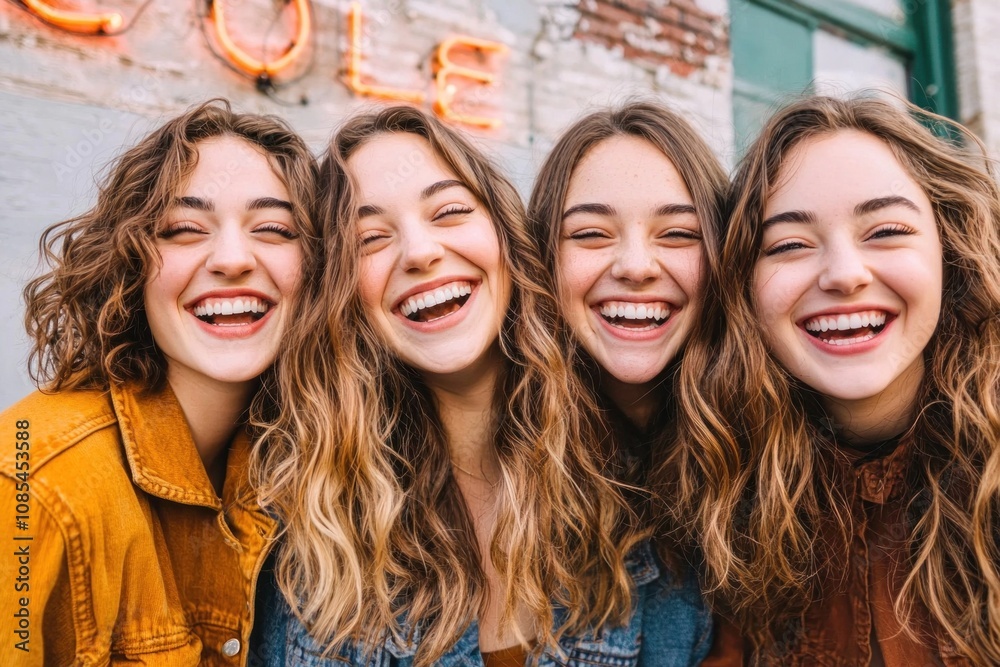 Joyful friends laughing together urban setting portrait photography casual environment close-up friendship and happiness Joyful friends laughing together urban setting portrait photography casual environment close-up friendship and happiness