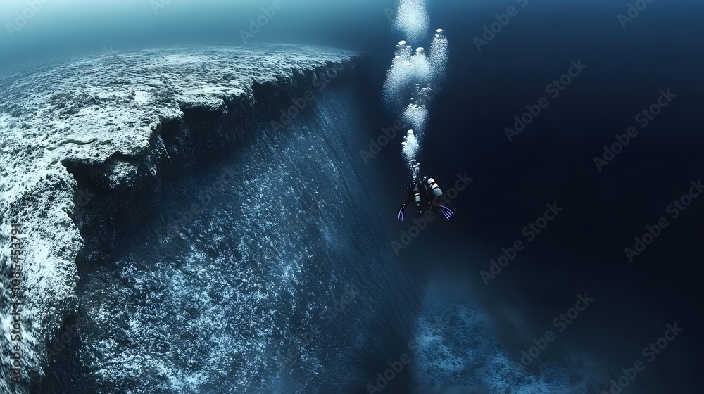 Obraz premium Diver Ascending Near an Underwater Cliff Face